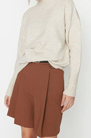 Kadın Modern Tarz Rahat Uzun Dik Yaka Düz Kol Regular Triko Kazak