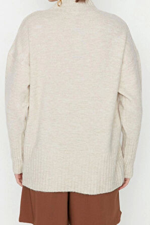 Kadın Modern Tarz Rahat Uzun Dik Yaka Düz Kol Regular Triko Kazak