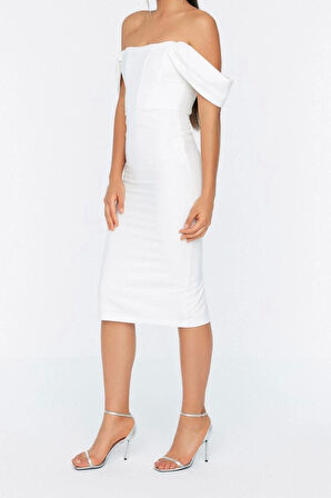 Moda Fit Mezuniyet Balo Finike Dokuma Carmen Yaka Kısa Kol Bodycone Midi Boy Elbise