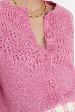 Kadın Modern Tarz Regular Bisiklet Yaka Crop Triko Hırka