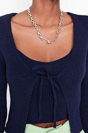 Kadın Modern Tarz Rahat Uzun V Yaka Düz Kol Crop TrikoTriko Hırka