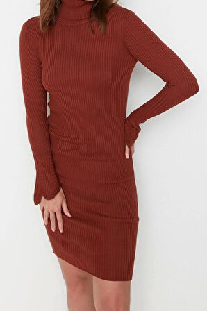 Moda Slim Casual Günlük Fitilli Triko Balıkçı Yaka Uzun Kol Bodycone Mini Boy Elbise