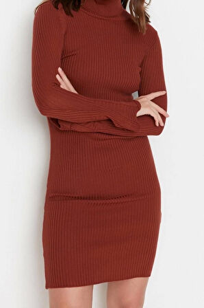 Moda Slim Casual Günlük Fitilli Triko Balıkçı Yaka Uzun Kol Bodycone Mini Boy Elbise