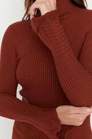 Moda Slim Casual Günlük Fitilli Triko Balıkçı Yaka Uzun Kol Bodycone Mini Boy Elbise