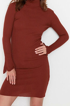 Moda Slim Casual Günlük Fitilli Triko Balıkçı Yaka Uzun Kol Bodycone Mini Boy Elbise