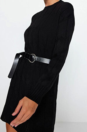 Moda Oversize Casual Günlük Çift Plaka Triko Bisiklet Yaka Uzun Kol Shift Mini Boy Elbise