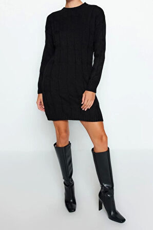 Moda Oversize Casual Günlük Çift Plaka Triko Bisiklet Yaka Uzun Kol Shift Mini Boy Elbise