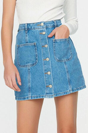 Moda A-line Düz Desen Günlük Mini Boy Dikiş Detaylı Denim Etek