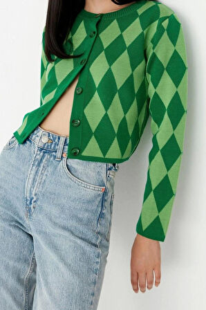 Kadın Modern Tarz Slim Bisiklet Yaka Crop Triko Hırka