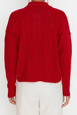 Kadın Modern Tarz Rahat Uzun Polo Yaka Saç Örgü Kol Regular Triko Kazak