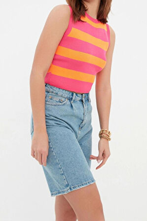 Moda Bisiklet Yaka Triko Slim Çizgili Desen Casual Günlük Crop Kolsuz Bluz