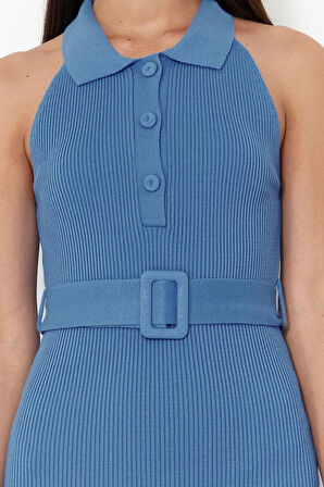 Moda Slim Casual Günlük Çift Plaka Triko Polo Yaka Kolsuz Kol Bodycone Midi Boy Elbise