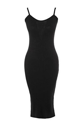 Moda Slim Casual Günlük Fitilli Triko V Yaka Uzun Kol Bodycone Midi Boy Elbise