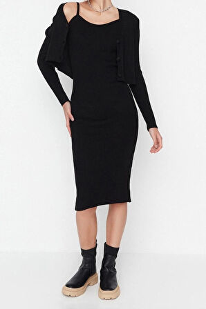 Moda Slim Casual Günlük Fitilli Triko V Yaka Uzun Kol Bodycone Midi Boy Elbise