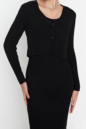 Moda Slim Casual Günlük Fitilli Triko V Yaka Uzun Kol Bodycone Midi Boy Elbise