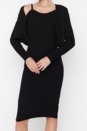 Moda Slim Casual Günlük Fitilli Triko V Yaka Uzun Kol Bodycone Midi Boy Elbise