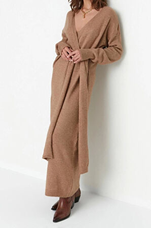 Moda Regular Casual Günlük Tek Plaka Triko Kruvaze Uzun Kol Kruvaze Maxi Boy Elbise