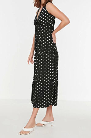 Moda Regular Casual Günlük Polyester Kaşkorse Örme V Yaka Kolsuz Kol A-Line Maxi Boy Elbise