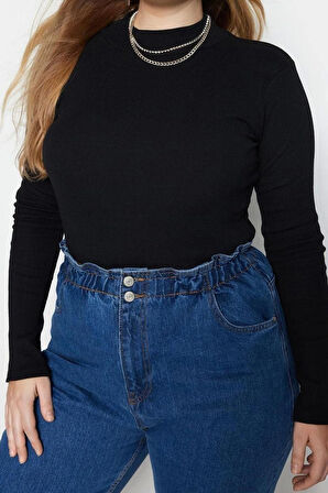 Moda Büyük Beden Dik Yaka Örme Fit Düz Desen Casual Günlük Regular Uzun Kol Bluz