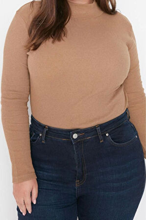 Moda Büyük Beden Dik Yaka Örme Fit Düz Desen Casual Günlük Regular Uzun Kol Bluz