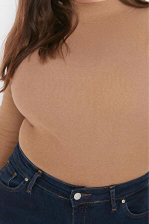 Moda Büyük Beden Dik Yaka Örme Fit Düz Desen Casual Günlük Regular Uzun Kol Bluz