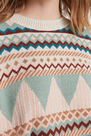 Kadın Modern Tarz Rahat Uzun Bisiklet Yaka Etnik Kol Regular Triko Kazak