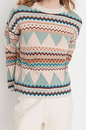 Kadın Modern Tarz Rahat Uzun Bisiklet Yaka Etnik Kol Regular Triko Kazak