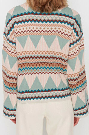 Kadın Modern Tarz Rahat Uzun Bisiklet Yaka Etnik Kol Regular Triko Kazak