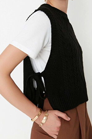 Kadın Modern Tarz Rahat Kolsuz Bisiklet Yaka Saç Örgü Kol Crop Triko Süveter