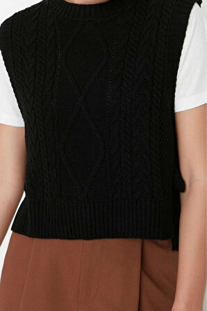 Kadın Modern Tarz Rahat Kolsuz Bisiklet Yaka Saç Örgü Kol Crop Triko Süveter