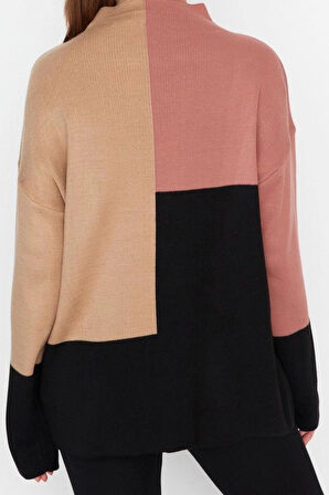 Kadın Modern Tarz Rahat Uzun Dik Yaka Renk Bloklu Kol Regular Triko Kazak