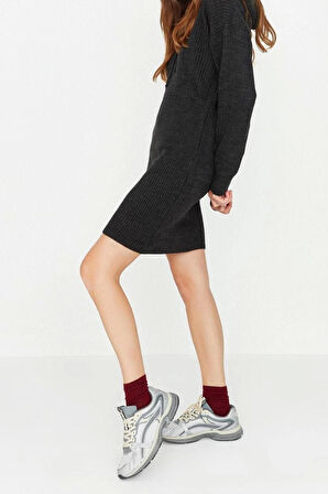 Moda Regular Casual Günlük Dolu İğne Triko Kapüşonlu Uzun Kol Kazak Elbise Mini Boy Elbise