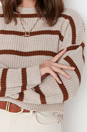 Stil Modern Kadın Crop Düşük Kol Bisiklet Yaka Basic Çizgili Triko Kazak