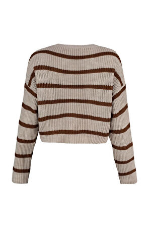 Stil Modern Kadın Crop Düşük Kol Bisiklet Yaka Basic Çizgili Triko Kazak