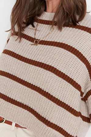 Stil Modern Kadın Crop Düşük Kol Bisiklet Yaka Basic Çizgili Triko Kazak