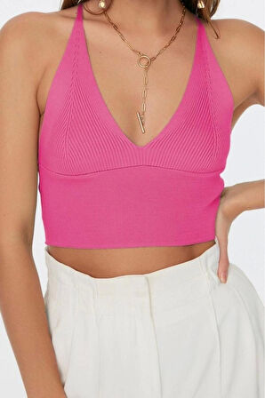 Moda V Yaka Triko Slim Düz Desen Casual Günlük Super Crop Askılı Kol Bluz