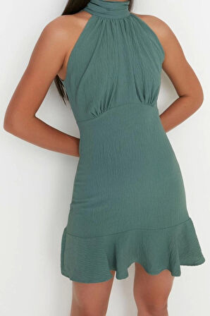 Moda Stil Regular Halter Yaka Mini Boy A Kesim Dokuma Elbise