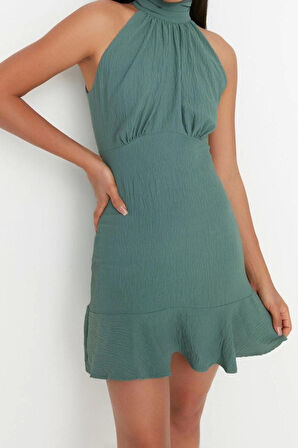 Moda Stil Regular Halter Yaka Mini Boy A Kesim Dokuma Elbise