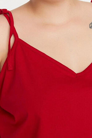 Tarz Rahat Büyük Beden Uzun Kollu Geniş Paça Fırfır Detaylı Askılı Örme Pijama Takımı