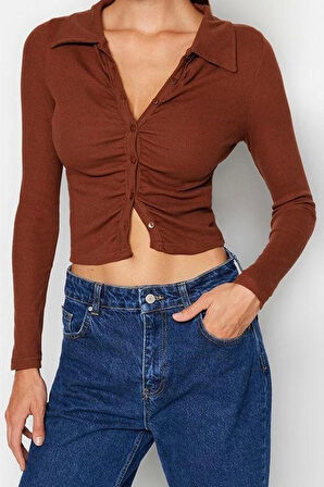 Stil Kadın Fitted Vücuda Oturan Fitilli Pamuklu Esnek Bluz Crop Örme Slim Kalıp
