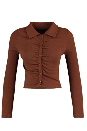 Stil Kadın Fitted Vücuda Oturan Fitilli Pamuklu Esnek Bluz Crop Örme Slim Kalıp