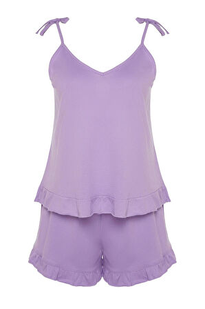 Tarz Rahat Büyük Beden Uzun Kollu Geniş Paça Fırfır Detaylı Askılı Örme Pijama Takımı