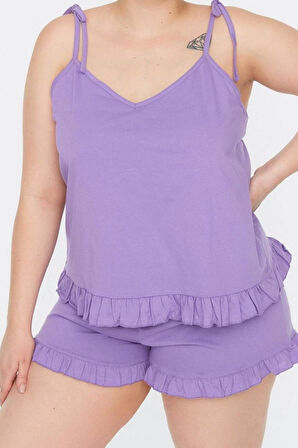 Tarz Rahat Büyük Beden Uzun Kollu Geniş Paça Fırfır Detaylı Askılı Örme Pijama Takımı