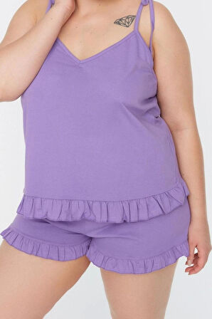 Tarz Rahat Büyük Beden Uzun Kollu Geniş Paça Fırfır Detaylı Askılı Örme Pijama Takımı