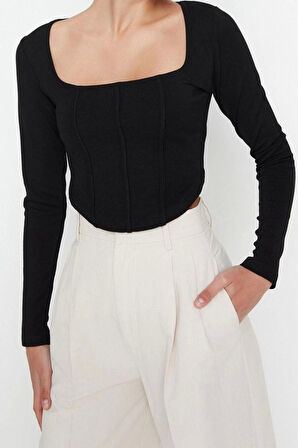 Moda Kare Yaka Örme Slim Düz Desen Casual Günlük Crop Uzun Kol Bluz