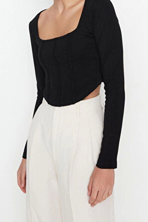 Moda Kare Yaka Örme Slim Düz Desen Casual Günlük Crop Uzun Kol Bluz