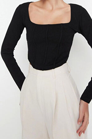 Moda Kare Yaka Örme Slim Düz Desen Casual Günlük Crop Uzun Kol Bluz