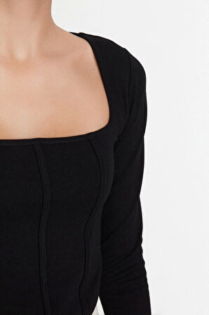 Moda Kare Yaka Örme Slim Düz Desen Casual Günlük Crop Uzun Kol Bluz