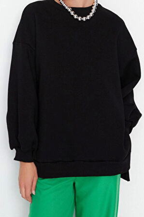 Oversize Bisiklet Yaka Düşük Kol Uzun Geniş Kalıp Yırtmaç Kalın İçi Polarlı Örme Sweatshirt