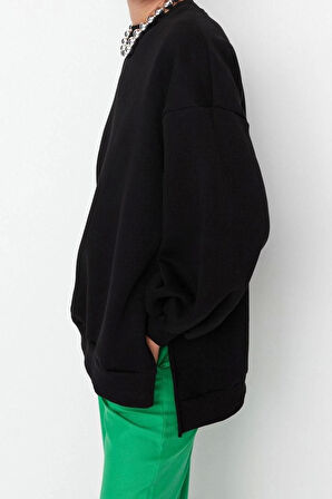 Oversize Bisiklet Yaka Düşük Kol Uzun Geniş Kalıp Yırtmaç Kalın İçi Polarlı Örme Sweatshirt